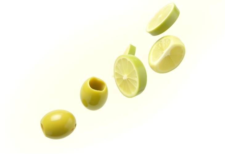 Isolated Green Olive Slices Flying